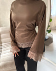 Hayat Mocha Satin Tie back Lace Detail Top