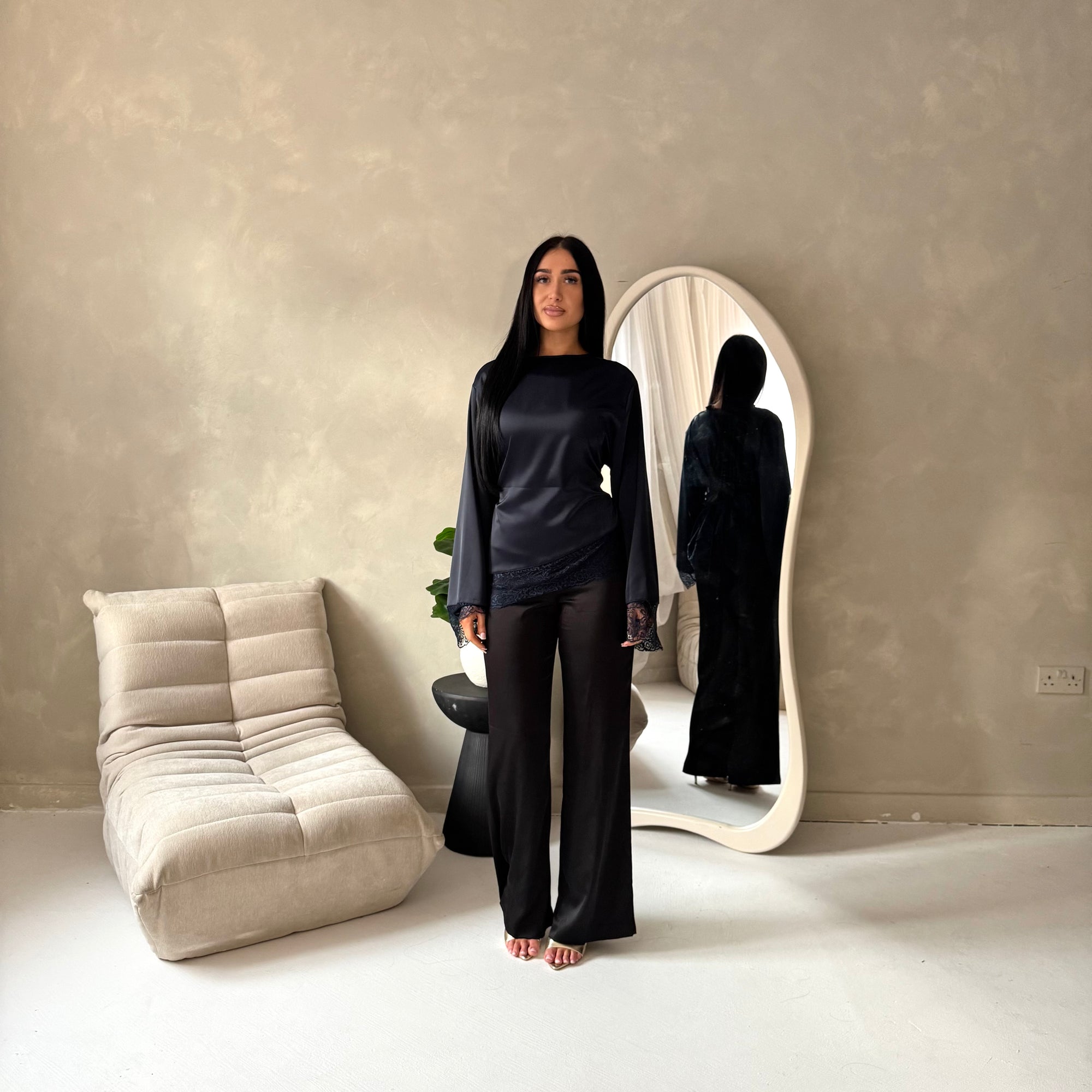 Hayat Navy Satin Tie back Lace Detail Top