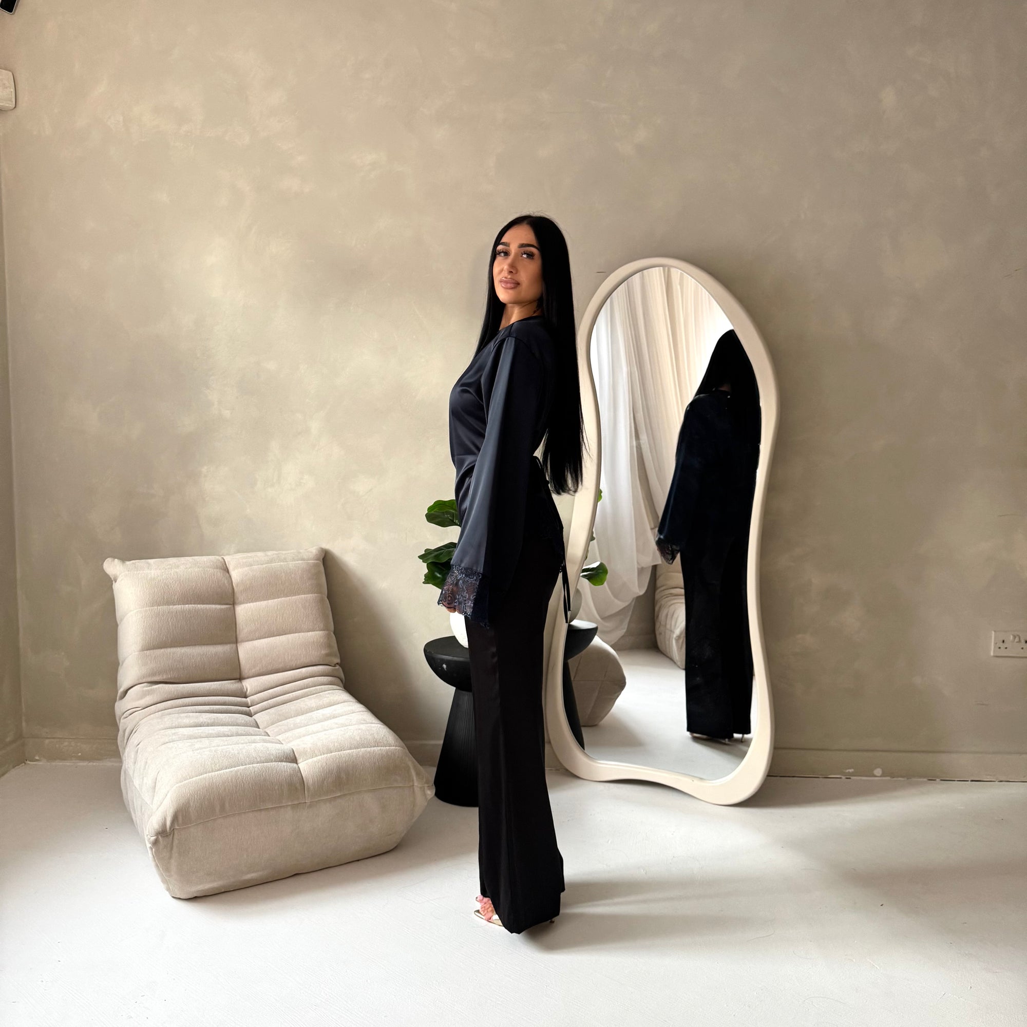 Hayat Navy Satin Tie back Lace Detail Top