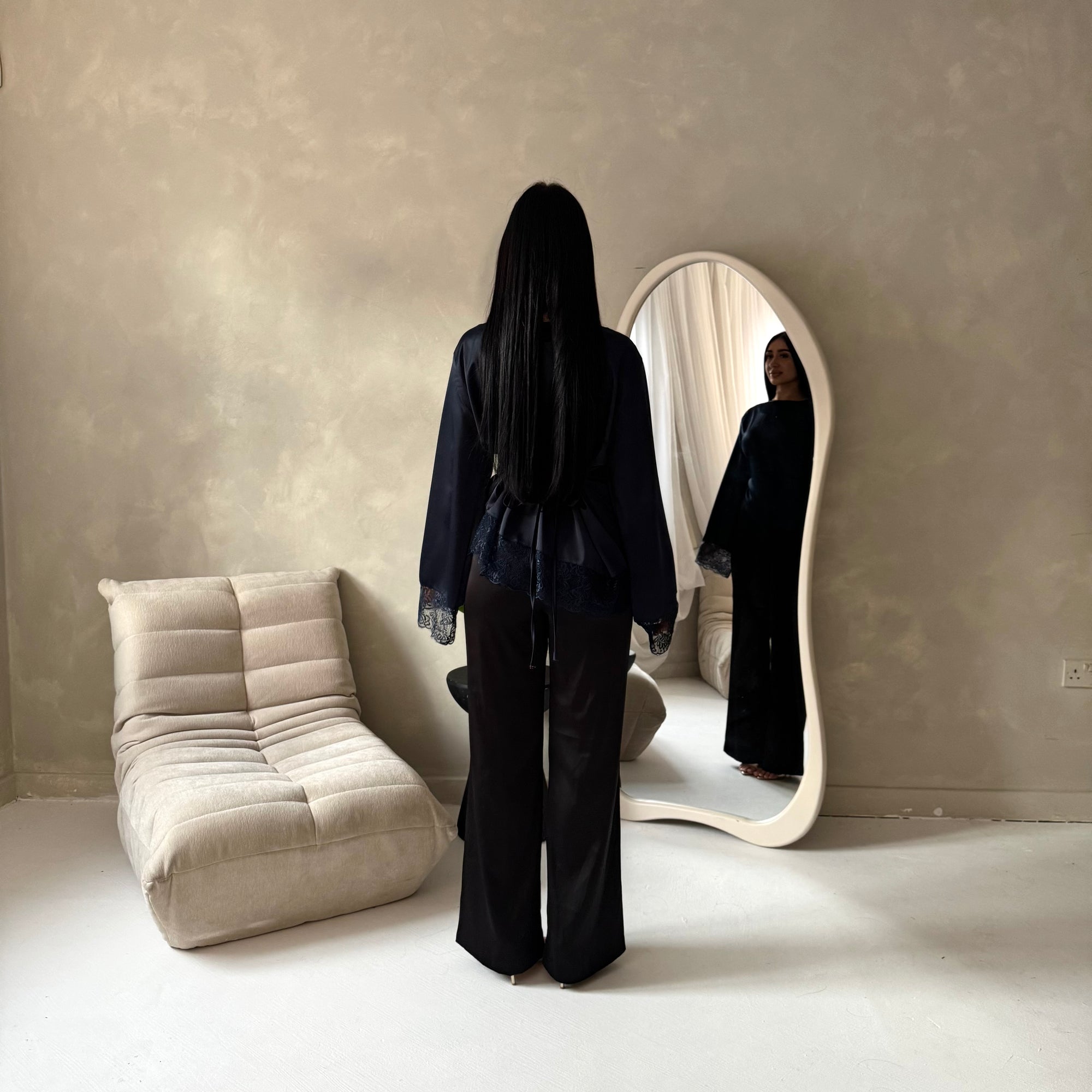 Hayat Navy Satin Tie back Lace Detail Top