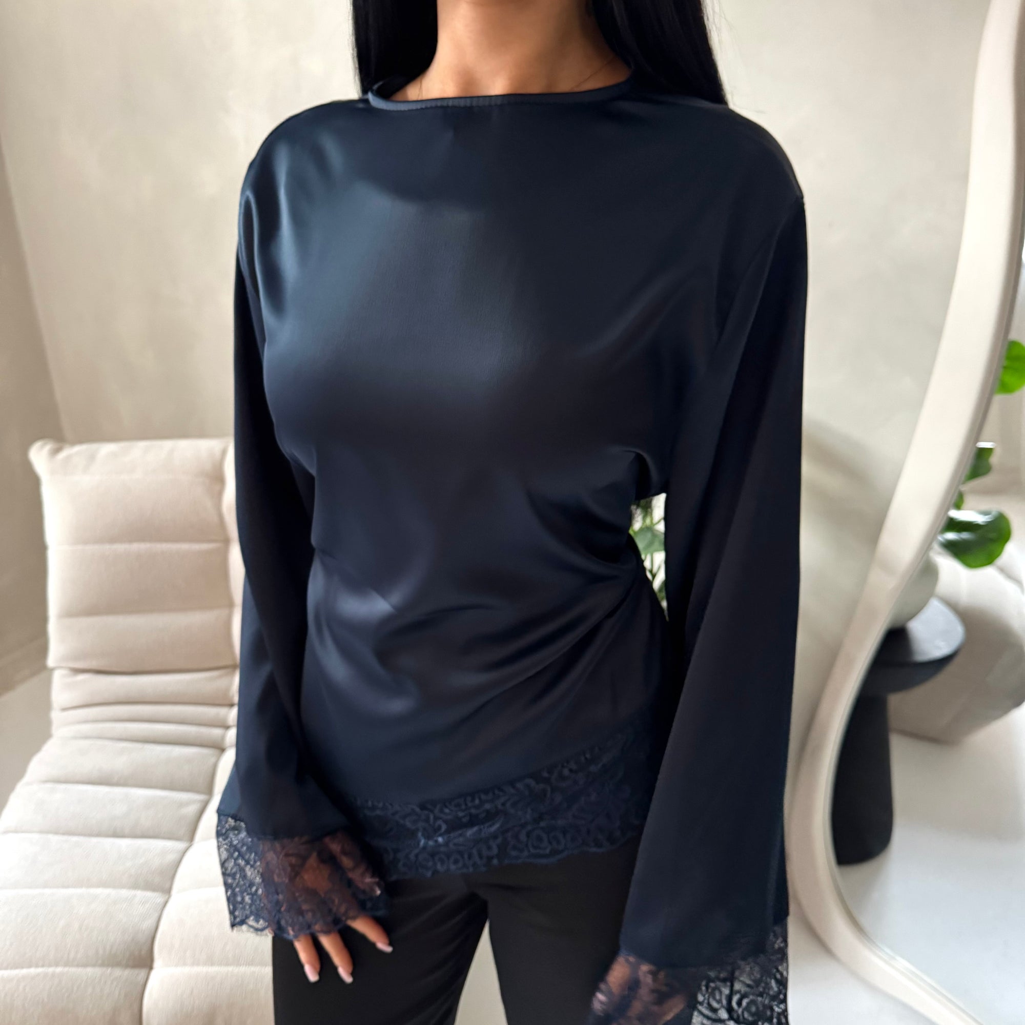 Hayat Navy Satin Tie back Lace Detail Top