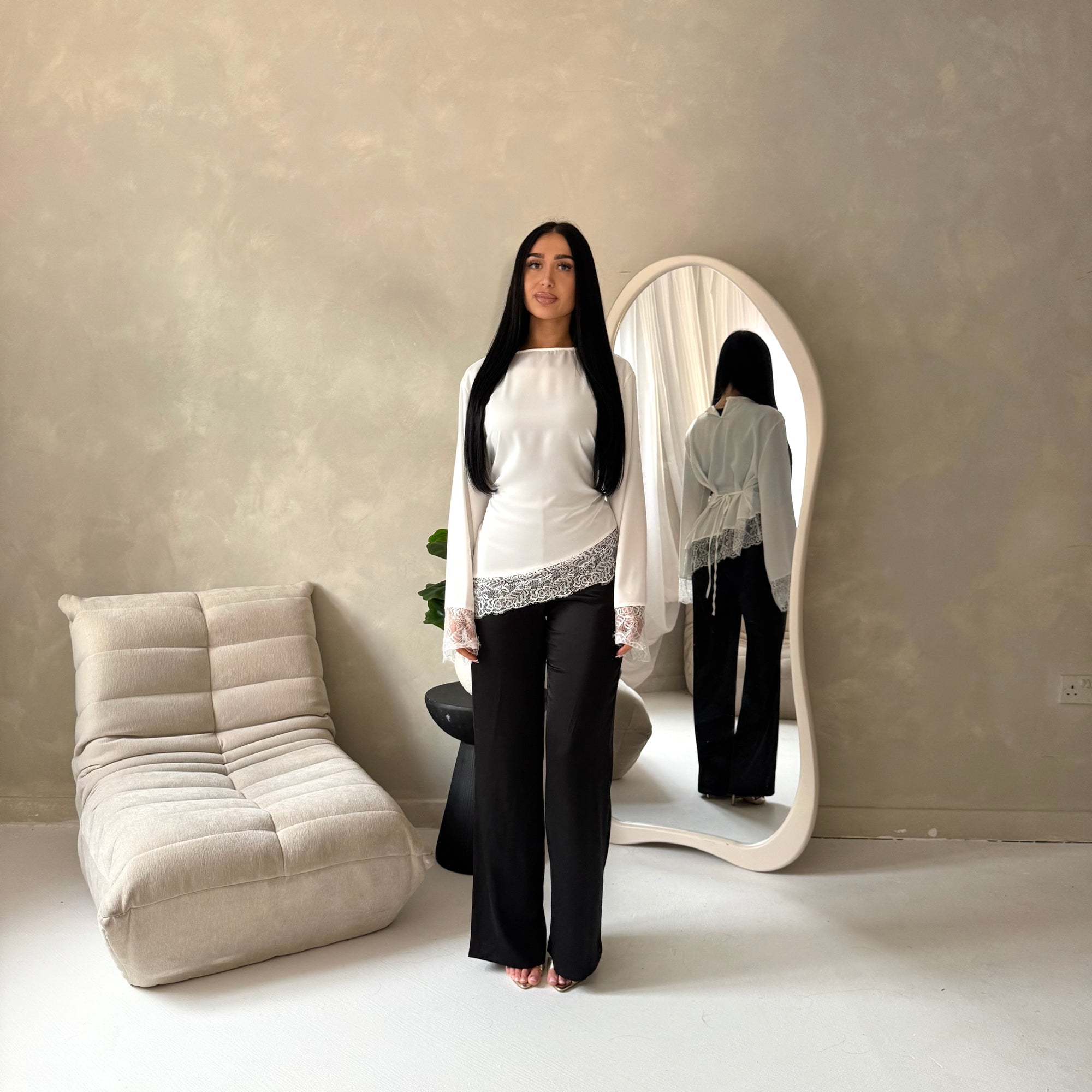 Hayat White Satin Tie back Lace Detail Top