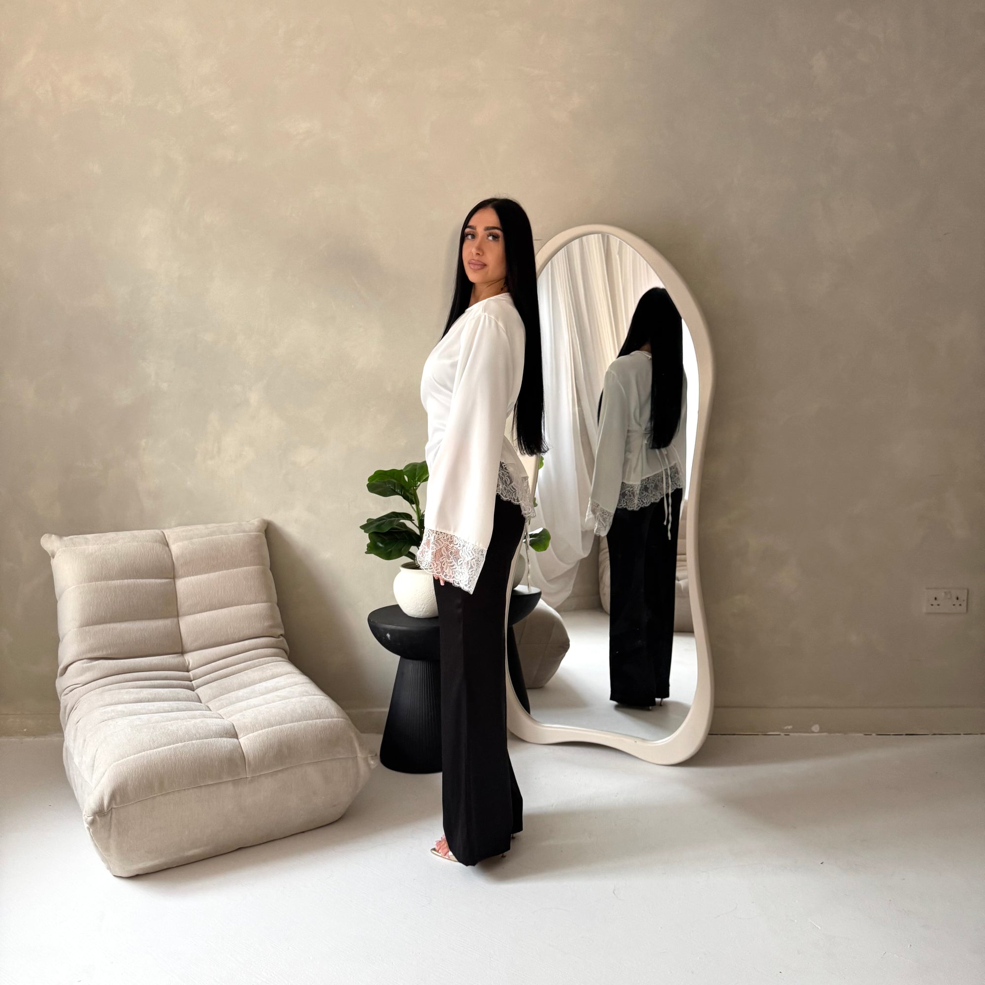 Hayat White Satin Tie back Lace Detail Top