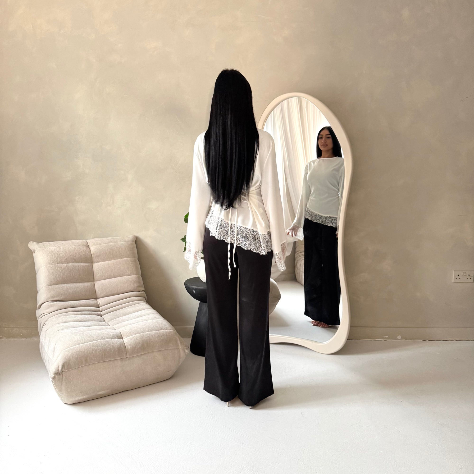 Hayat White Satin Tie back Lace Detail Top