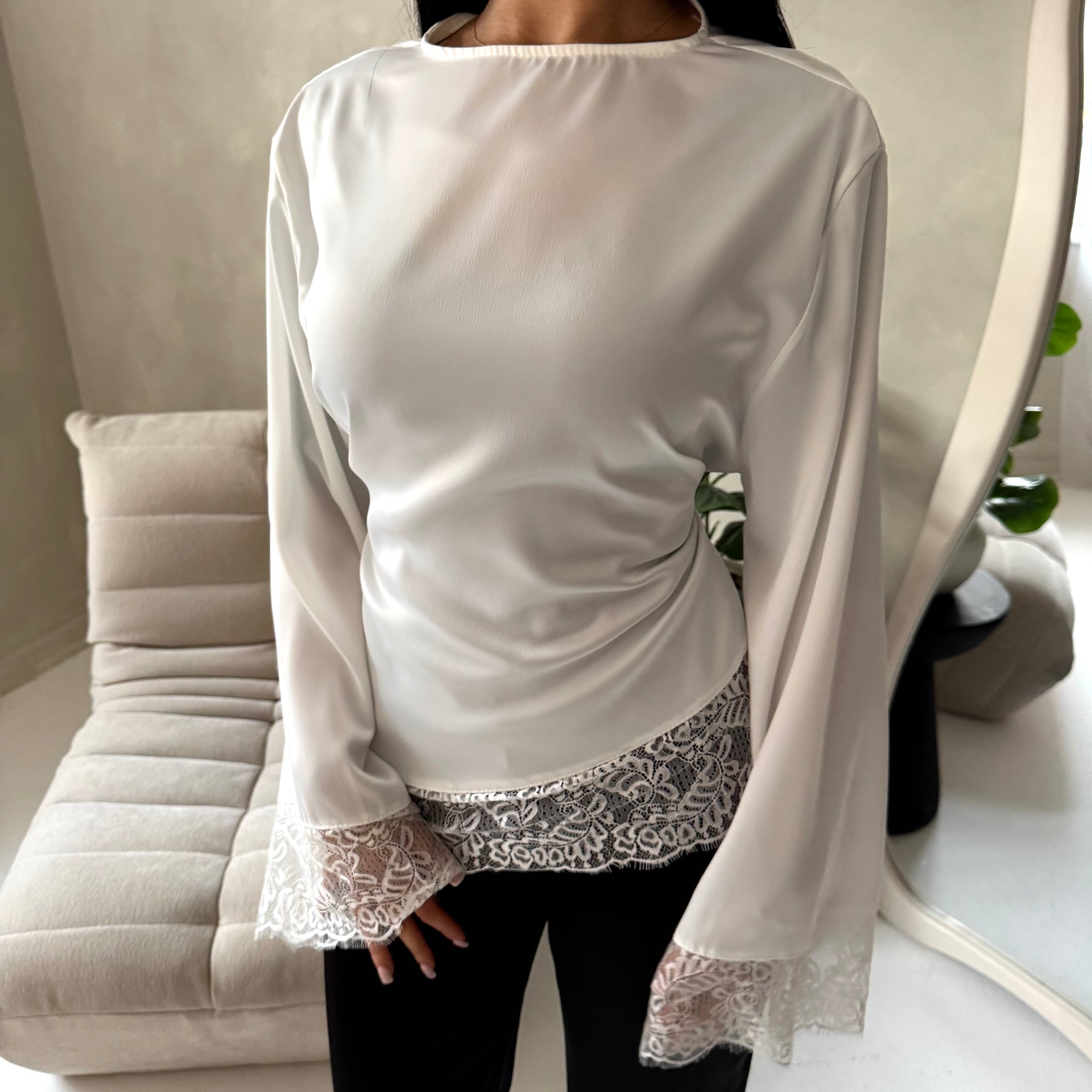 Hayat White Satin Tie back Lace Detail Top