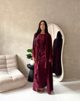Amara Wine Lace Detail Two Peice Co Ord Abaya Set