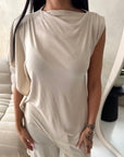 Adina Beige Soft Assymetrical Trouser Co Ord Set