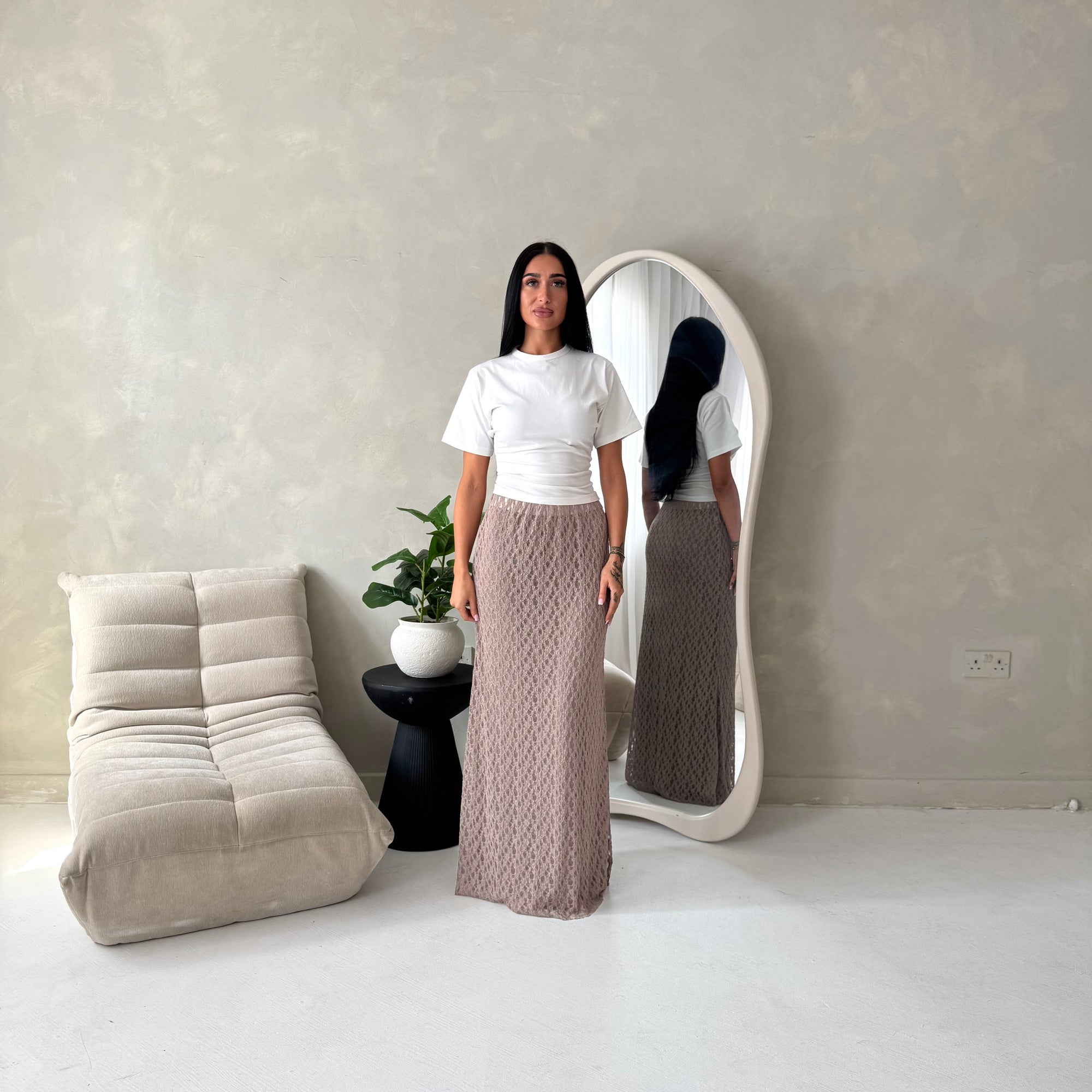 Tami Mocha Lace Detail Elasticated Maxi Skirt