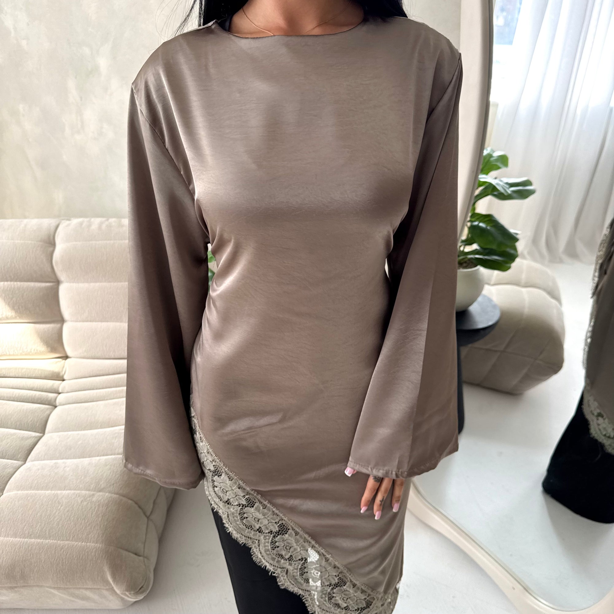 Beyi Mocha Lace Assymetrical Satin Midi Dress