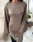 Beyi Mocha Lace Assymetrical Satin Midi Dress