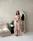 Nadine Camel Summer Palm Print Ruffle Dress