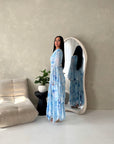 Nadine Pastel Blue Summer Palm Print Ruffle Dress