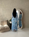Nadine Pastel Blue Summer Palm Print Ruffle Dress