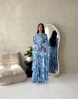 Nadine Royal Blue Summer Palm Print Ruffle Dress