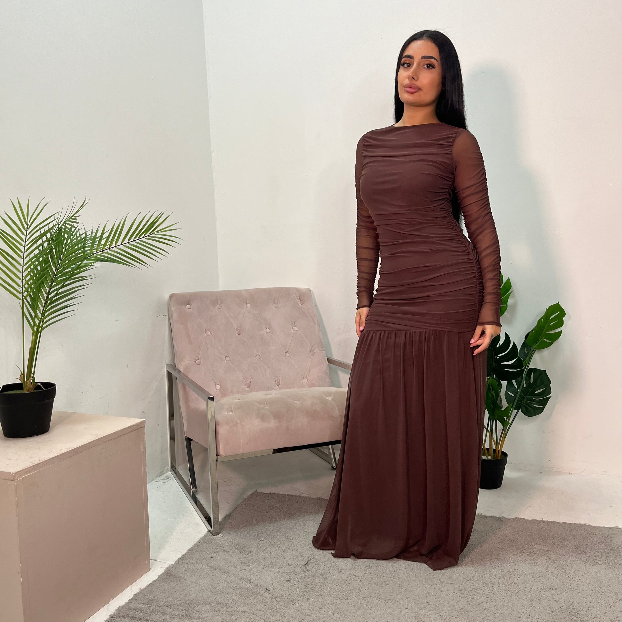 brown mesh ruched dress Gianna