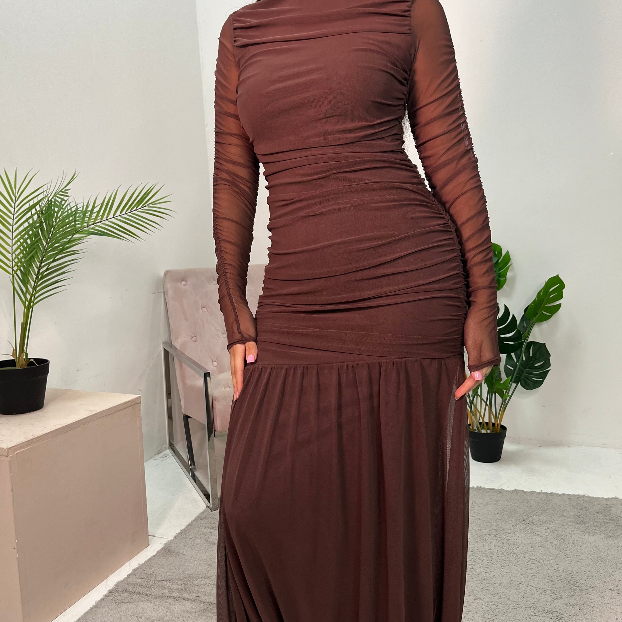 Ru Brown Mesh Ruched Mermaid Dress House Of Haniya Ru Brown Mesh Ruched Mermaid Dress House Of Haniya
