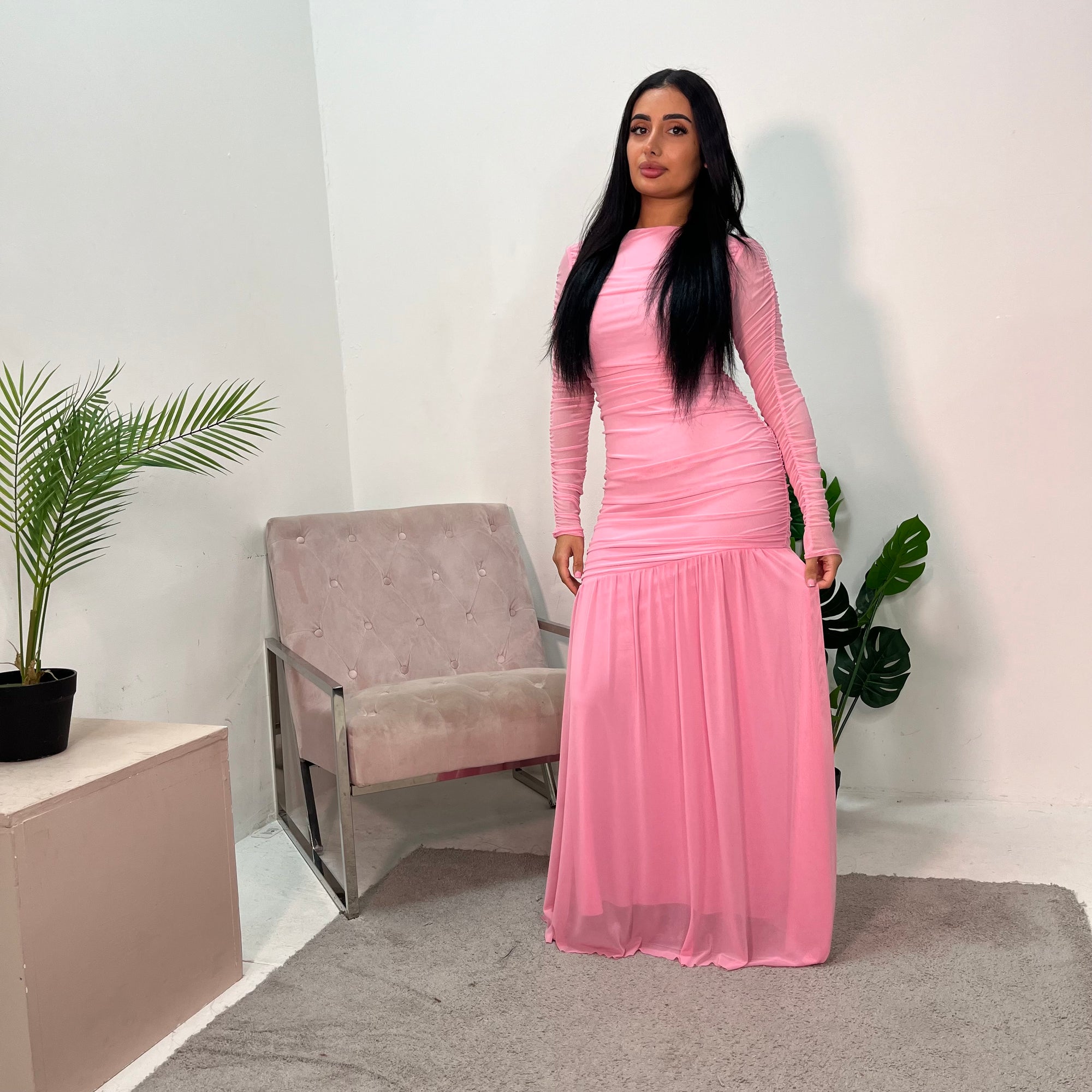 pink mesh ruched dress Strapless Pink Ruffle Maxi Dress Mesh Ruched Party Dress Large