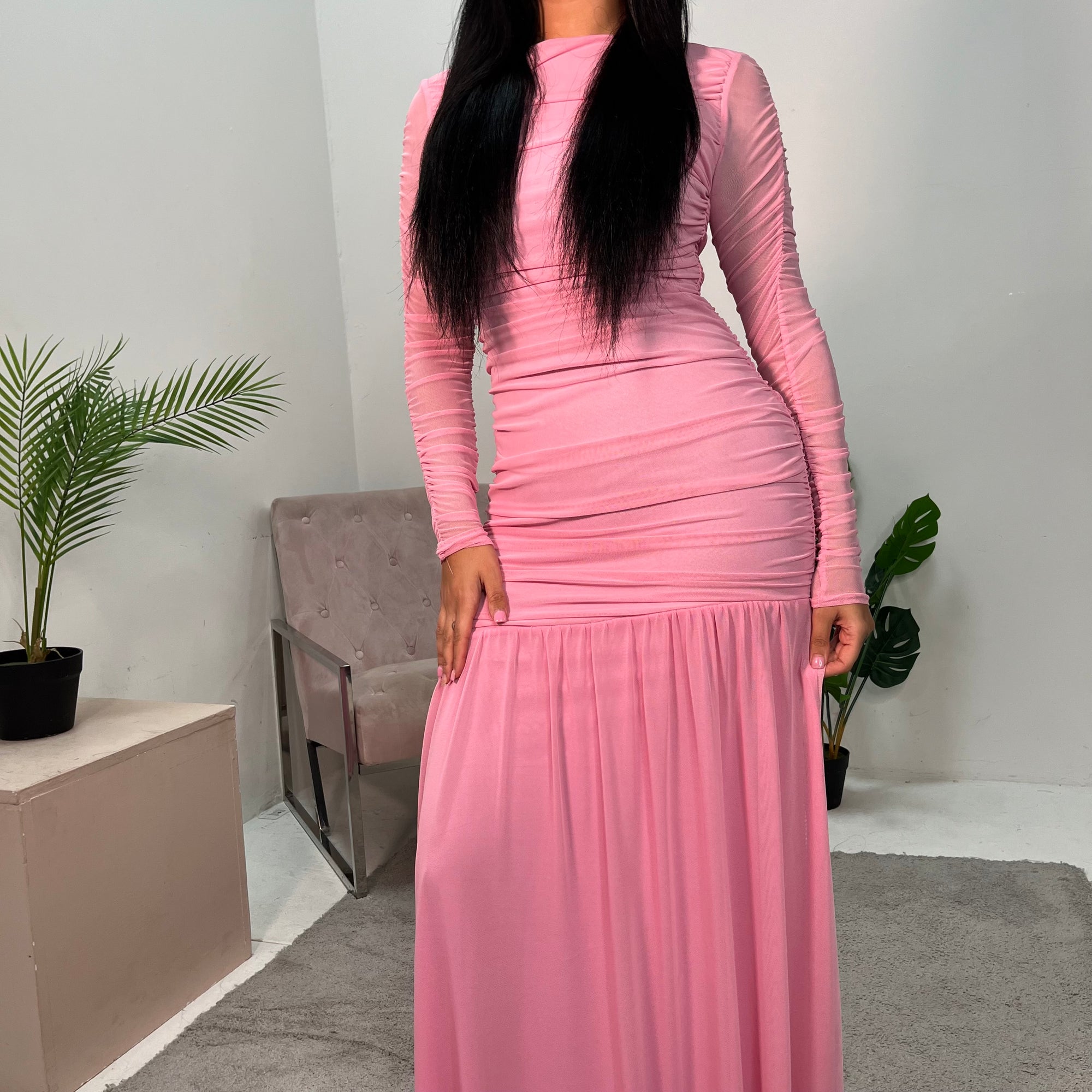 pink mesh ruched dress Ru Pink Mesh Ruched Mermaid Dress House Of Haniya