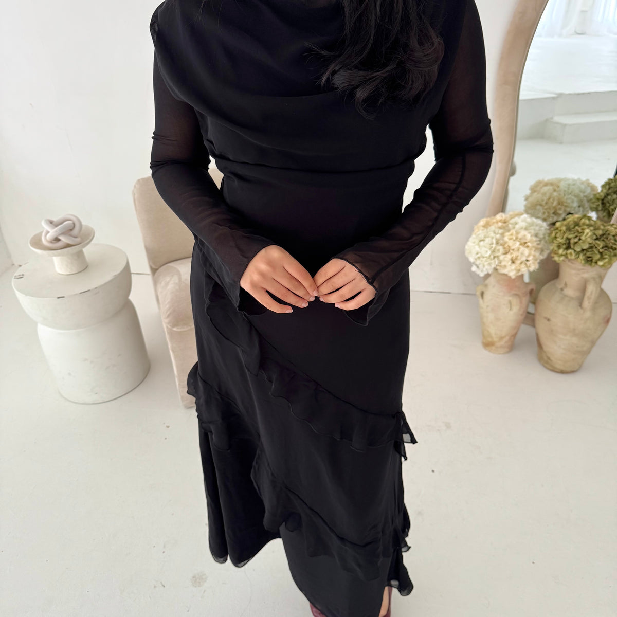Mesh Fril Eila Black Mesh Frill Detail Lined Dress – House Of Haniya