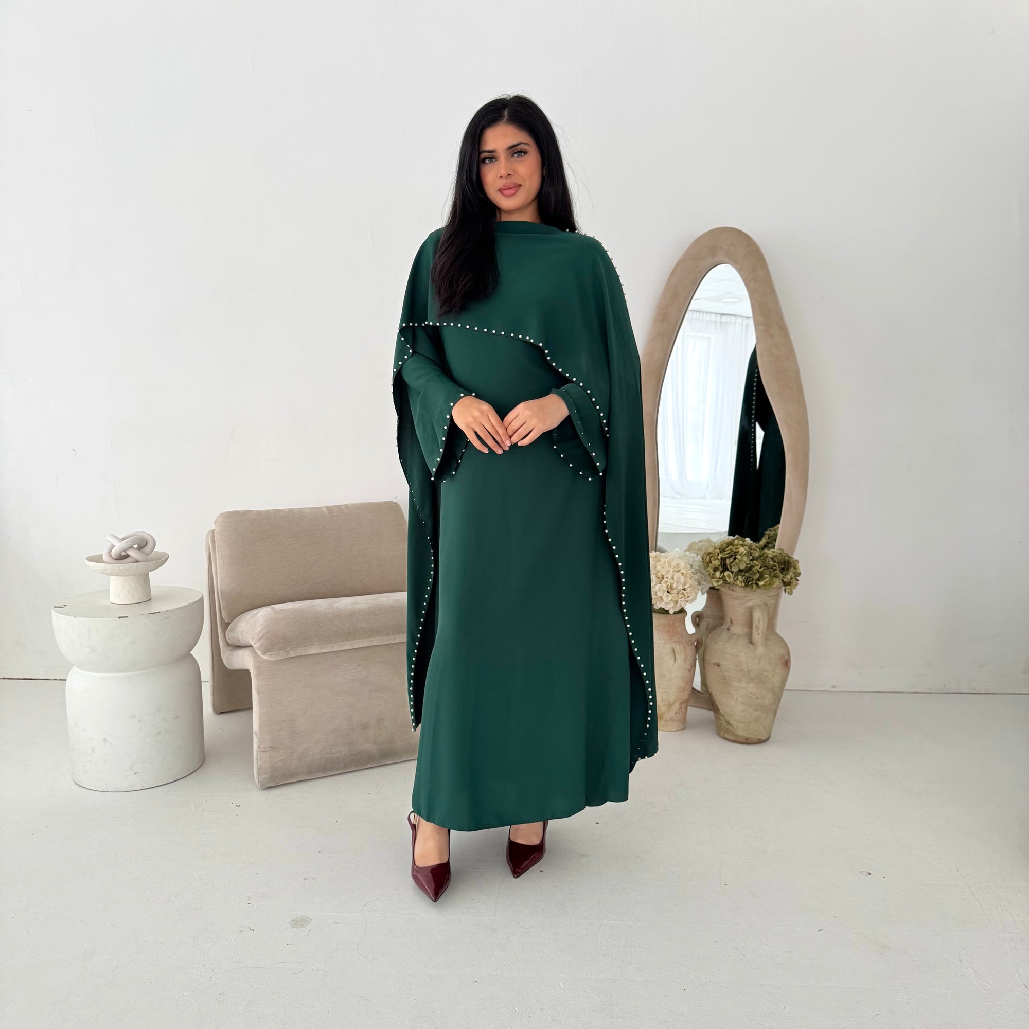 Sherin Emerald Green Pearl Detail Modest Dress – House Of Haniya