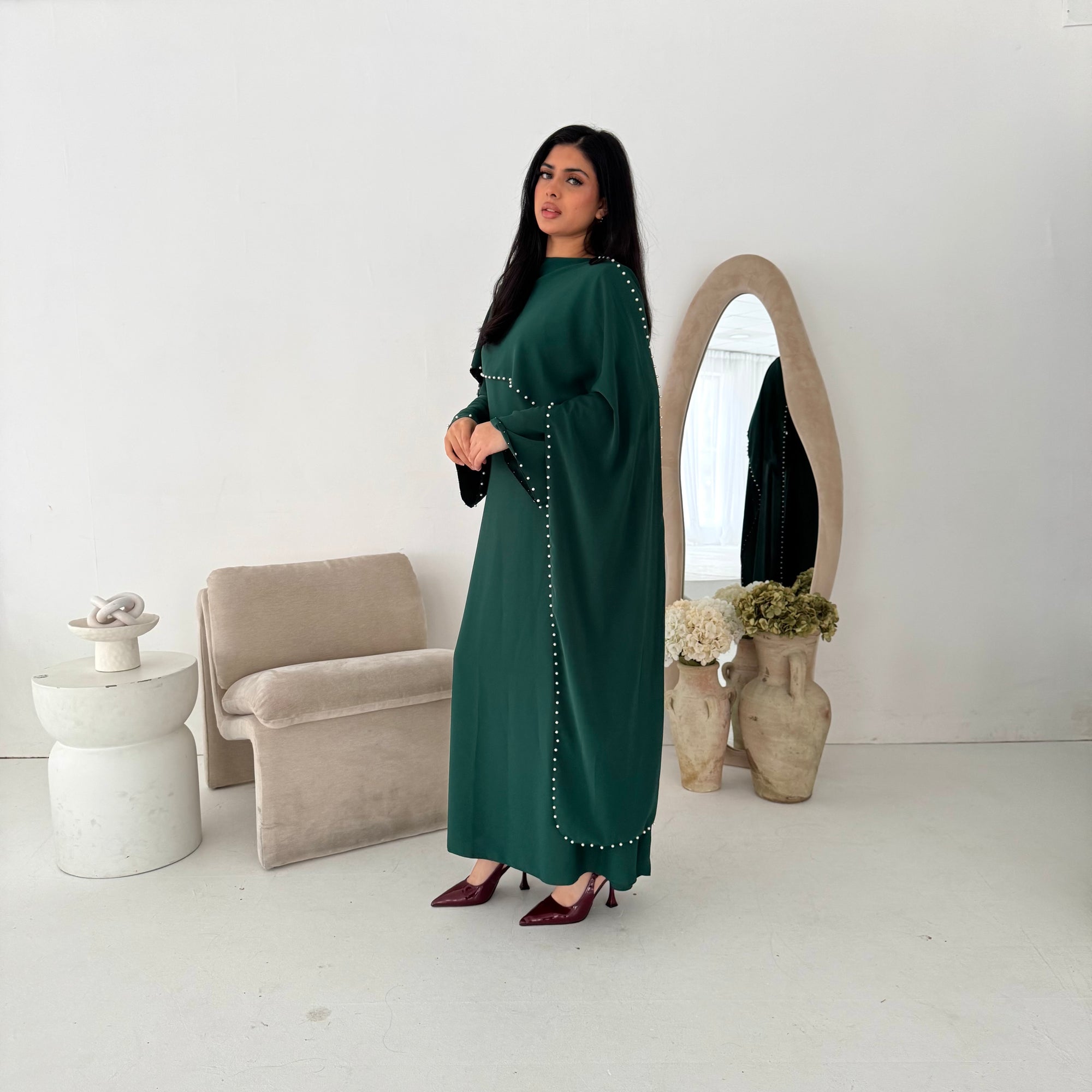 Sherin Emerald Green Pearl Detail Modest Dress
