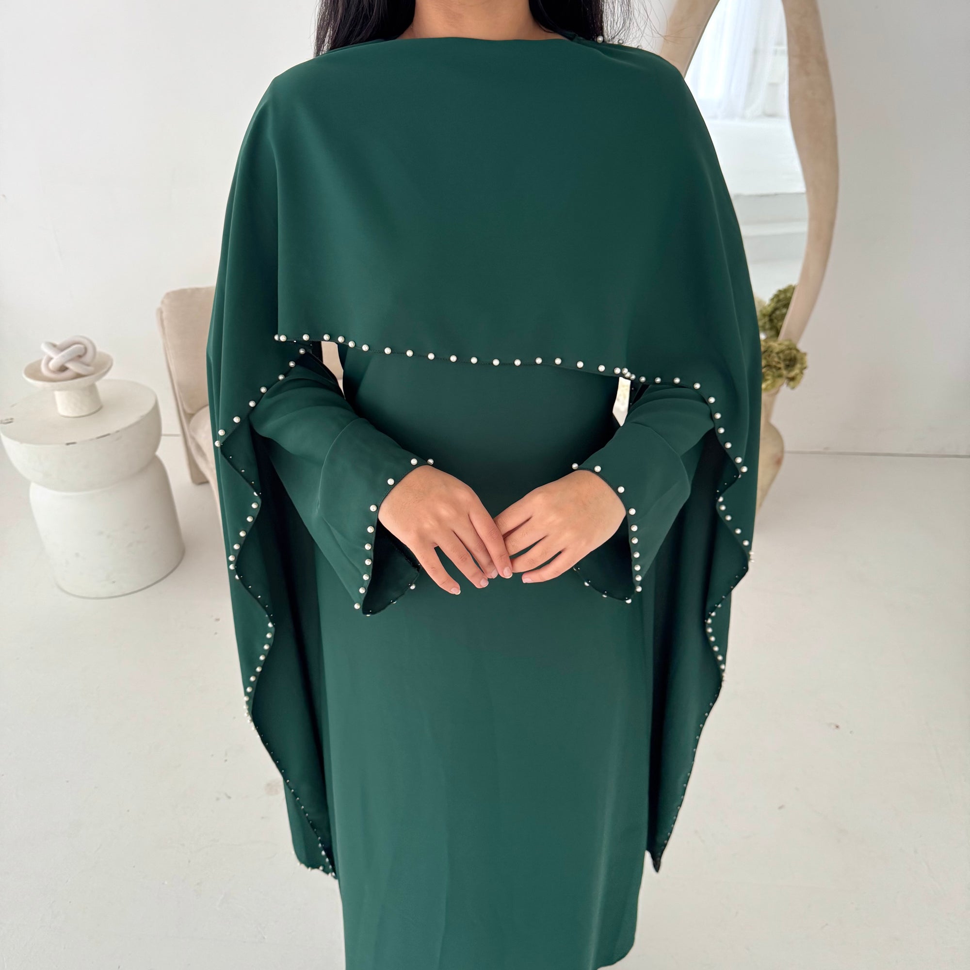 Sherin Emerald Green Pearl Detail Modest Dress