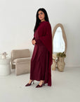 Roselle Wine Gold Buckle Mesh Cape Dress