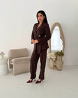 Livia Dark Brown Gold Buckle Wrap Blazer & Trouser Co Ord Set