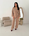 Livia Camel Gold Buckle Wrap Blazer & Trouser Co Ord Set