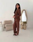 Livia Brown Gold Buckle Wrap Blazer & Trouser Co Ord Set