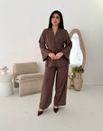 Anna Brown V Neck Pleated Front Tie Co Ord Set