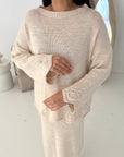Fajr Beige Knitted Crochet Detail Skirt Co Ord Set