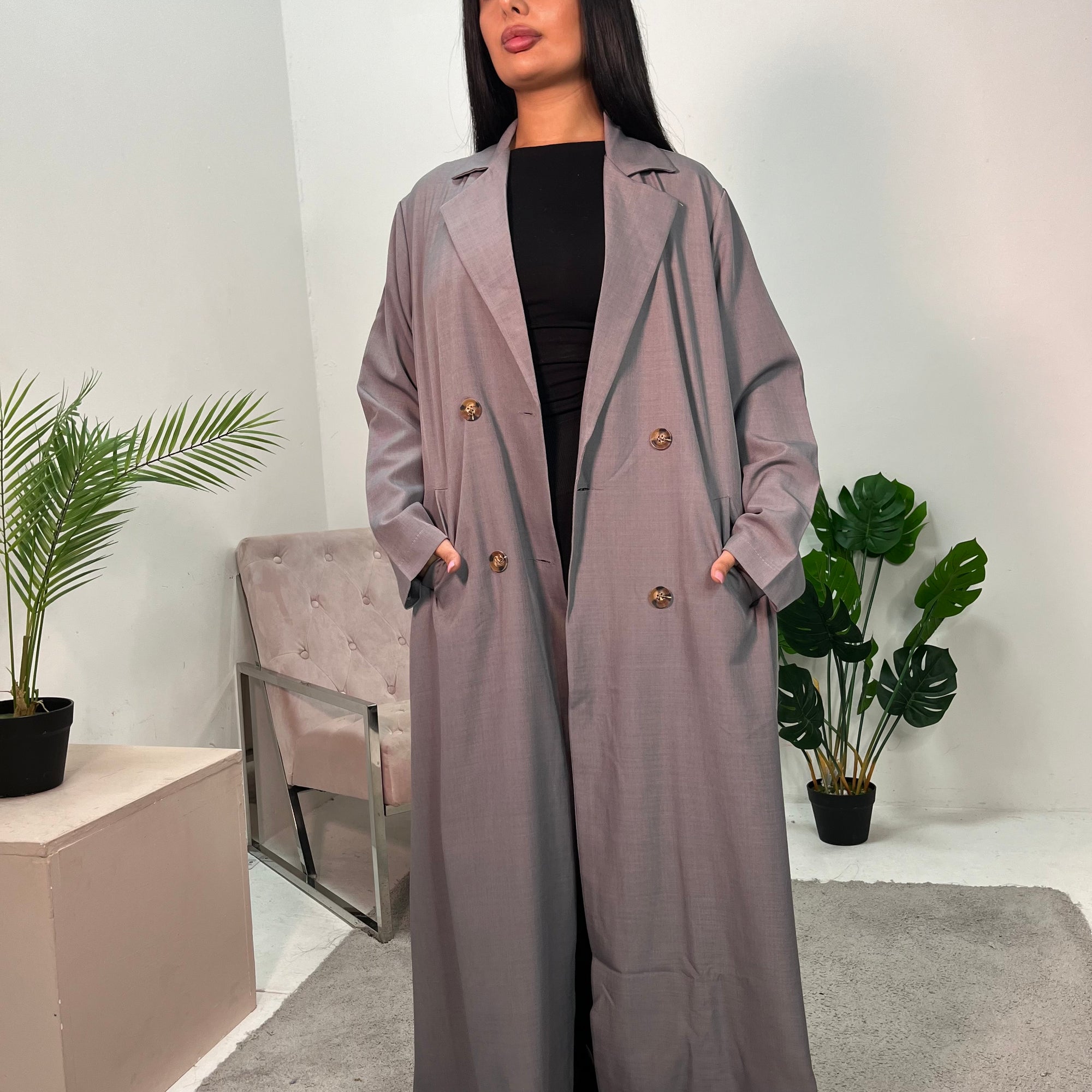 Daria Grey Oversized Button Boyfriend Lightweight Duster Coat