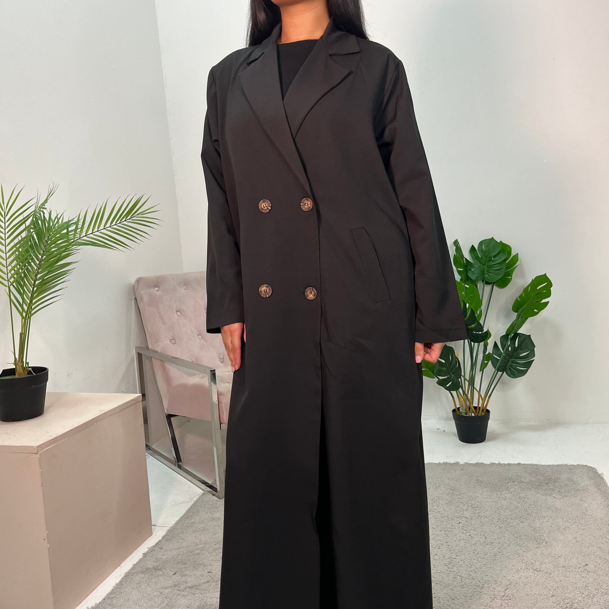 Daria Black Oversized Button Boyfriend Lightweight Duster Coat