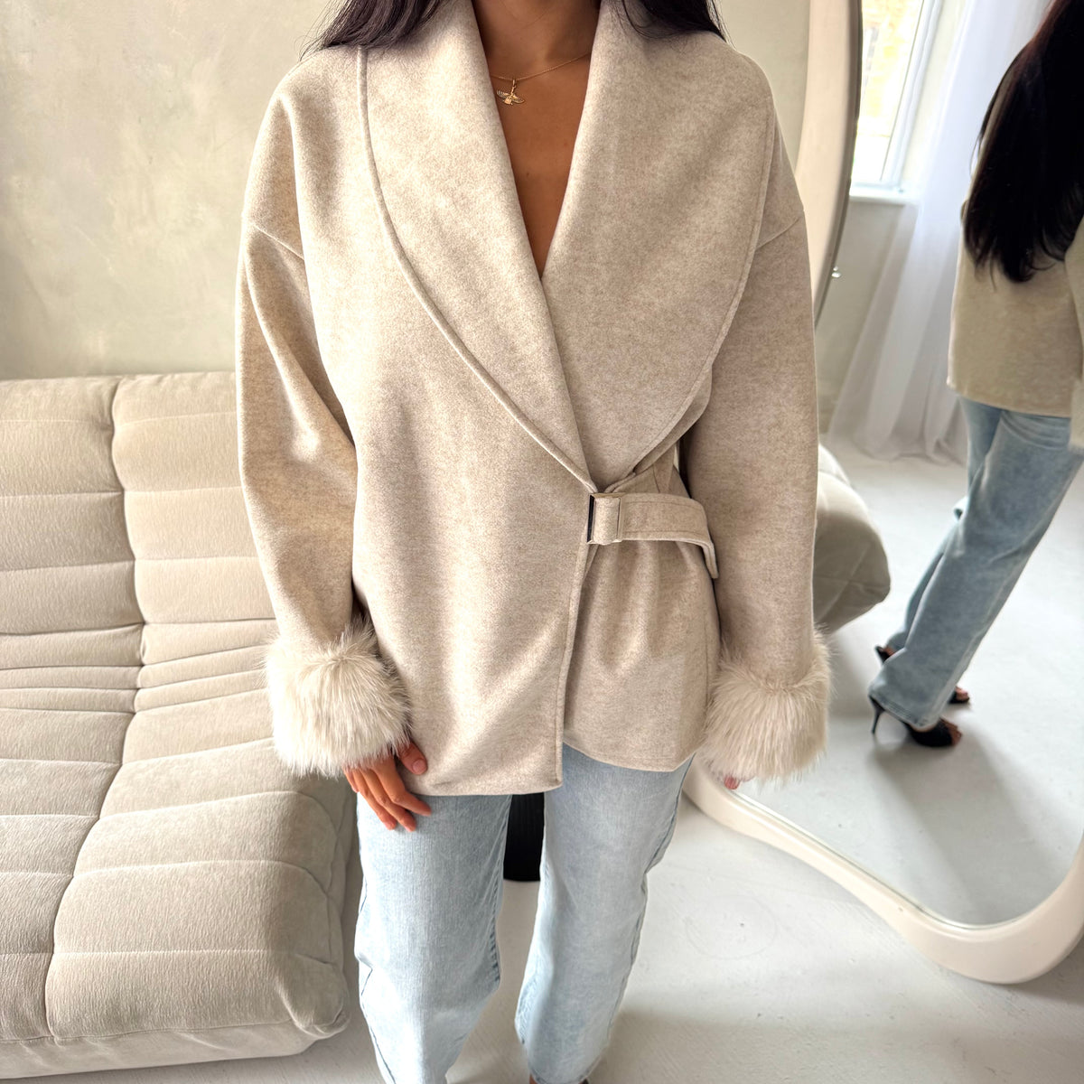 Amara Beige Fur Cuff Wrap Buckle Belted Coat