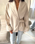 Amara Beige Fur Cuff Wrap Buckle Belted Coat