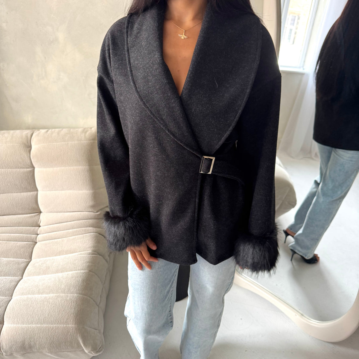 Amara Black Fur Cuff Wrap Buckle Belted Coat