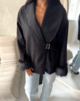 Amara Black Fur Cuff Wrap Buckle Belted Coat