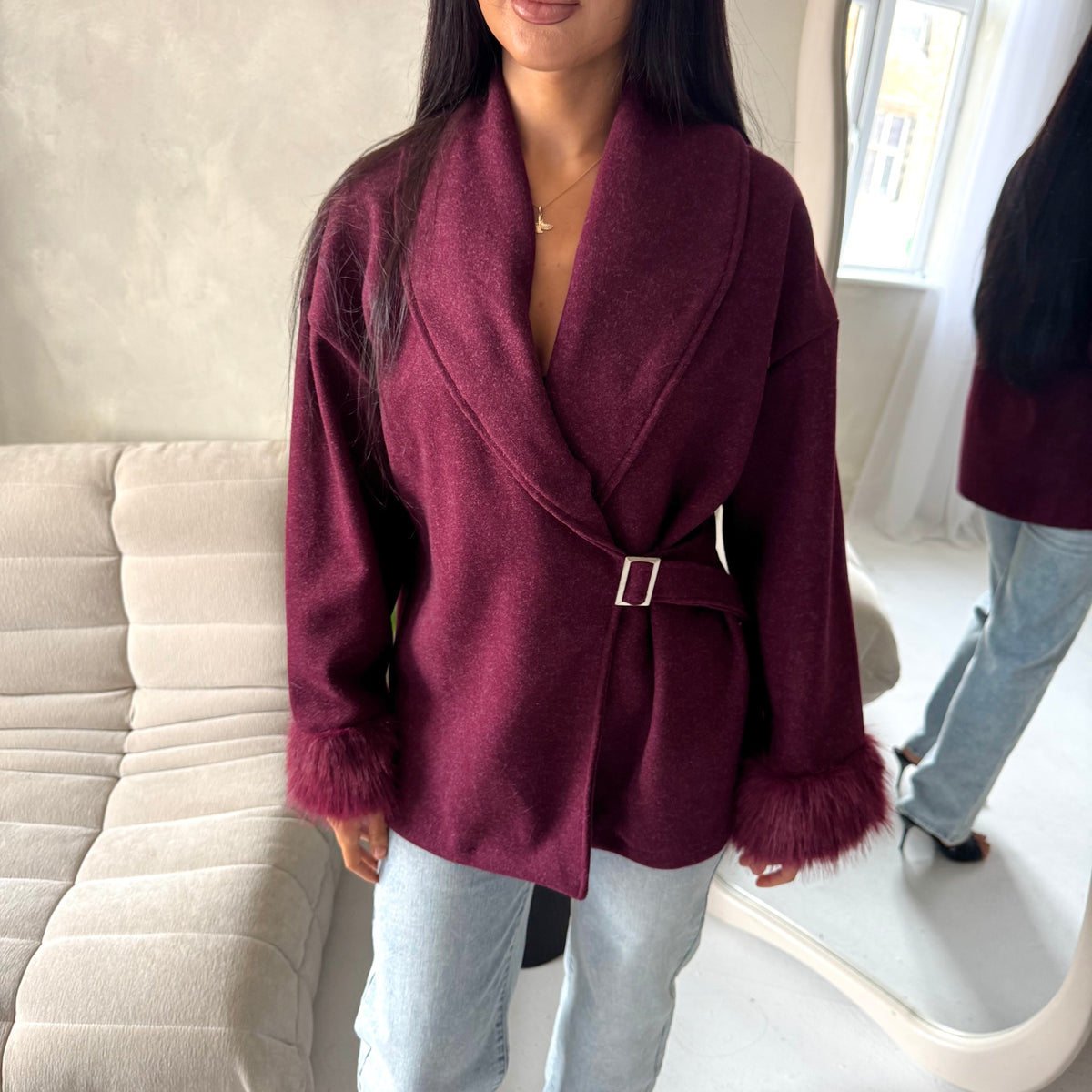 Amara Wine Fur Cuff Wrap Buckle Belted Coat
