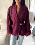Amara Wine Fur Cuff Wrap Buckle Belted Coat