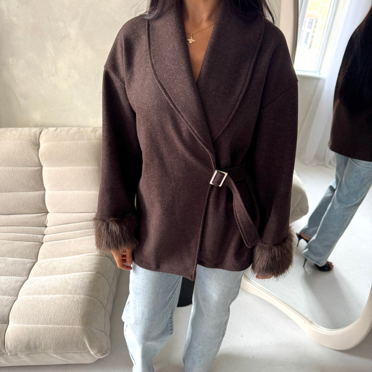 Amara Brown Fur Cuff Wrap Buckle Belted Coat