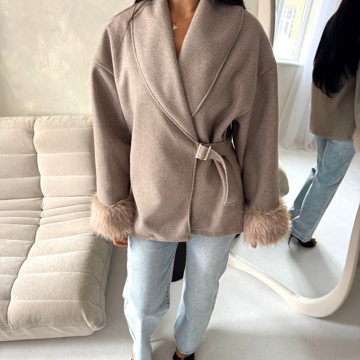 Amara Mocha Fur Cuff Wrap Buckle Belted Coat