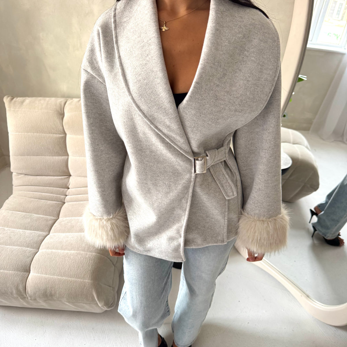 Amara Grey Fur Cuff Wrap Buckle Belted Coat