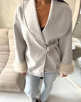 Amara Grey Fur Cuff Wrap Buckle Belted Coat