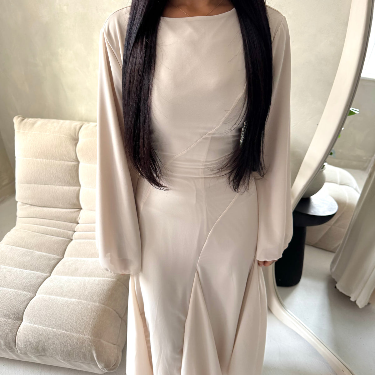 Mysa Beige Mesh Lined Frill Detail Modest Dress