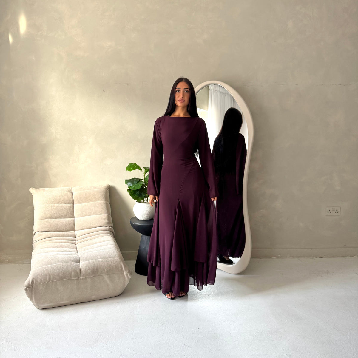 Mysa Plum Mesh Lined Frill Detail Modest Dress