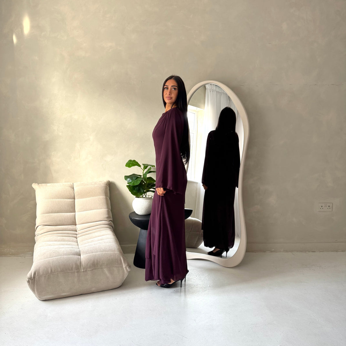 Mysa Plum Mesh Lined Frill Detail Modest Dress