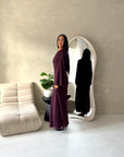 Mysa Plum Mesh Lined Frill Detail Modest Dress