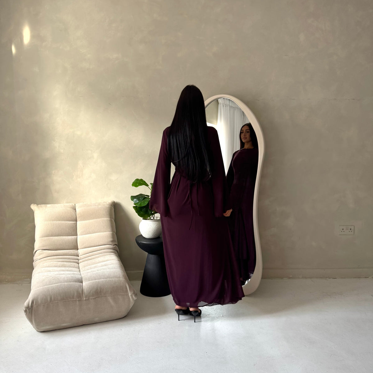 Mysa Plum Mesh Lined Frill Detail Modest Dress