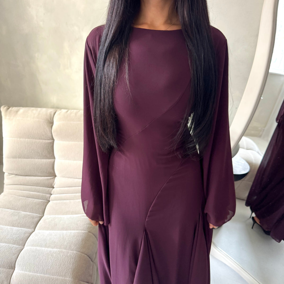 Mysa Plum Mesh Lined Frill Detail Modest Dress